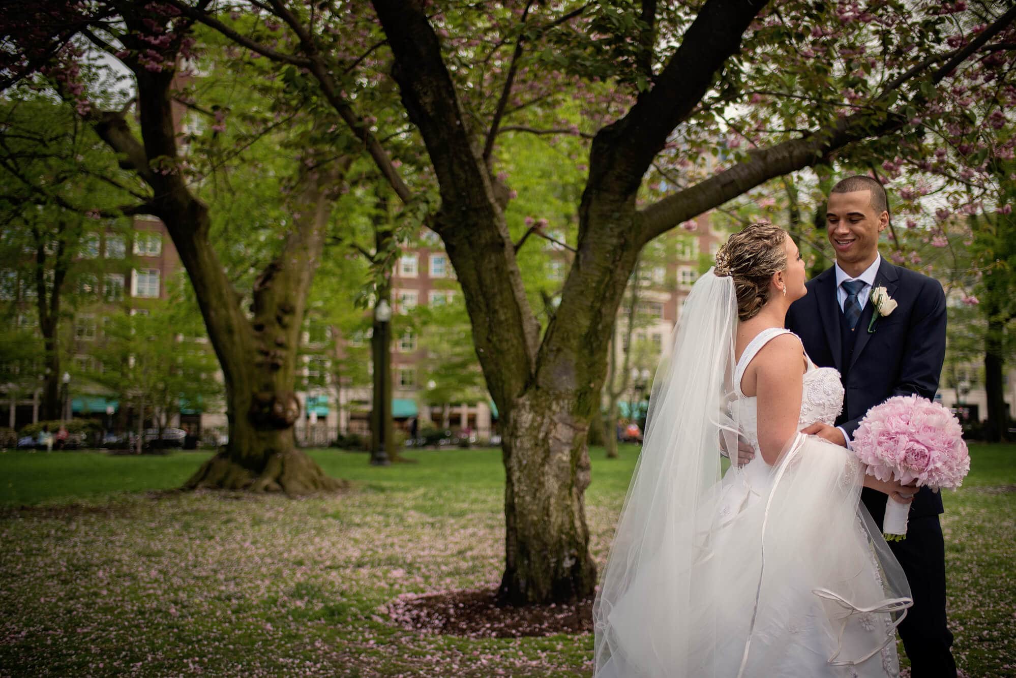 portrait of bride and groom at their Park Plaza Boston wedding with cherry blossoms