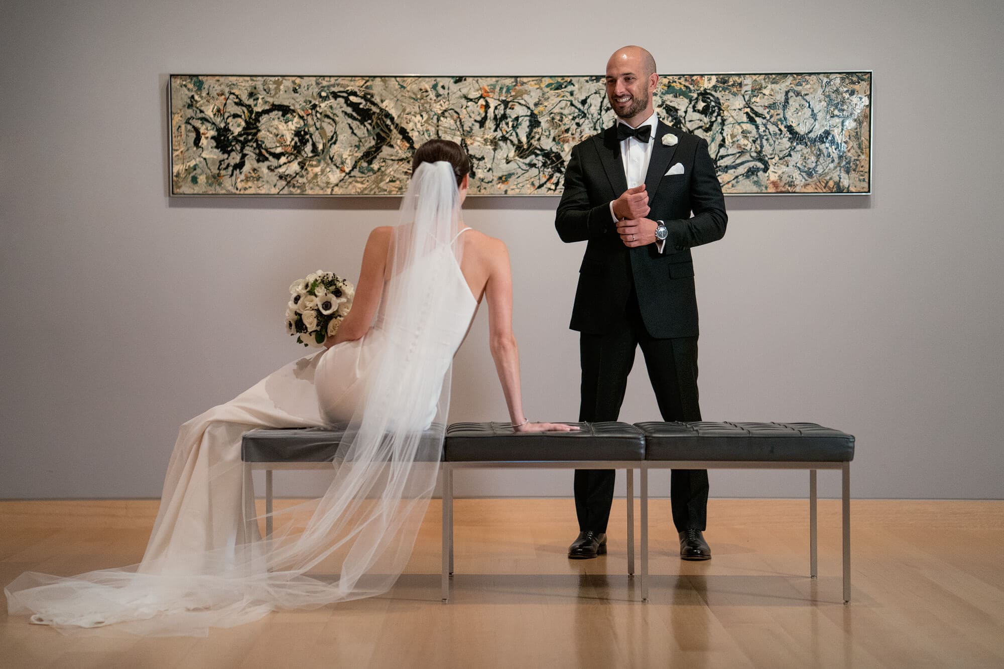 bride and groom portrait at mea boston wedding in modern gallery